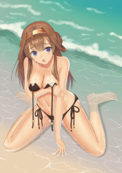 Rule 34 | 10s, 1girl, :o, ahoge, bare arms, bare legs, bare shoulders, barefoot, beads, between legs, bikini, black bikini, black ribbon, blush, breast hold, breasts, brown hair, cleavage, collarbone, day, from above, full body, hairband, hand between legs, kantai collection, kongou (kancolle), long hair, navel, ocean, open mouth, partially submerged, purple eyes, ribbon, shore, side-tie bikini bottom, sitting, skyrail, solo, stomach, swimsuit, tan, tanline, untied bikini, very long hair, wariza, water