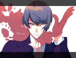 Rule 34 | 1boy, beige neckwear, blood, blue eyes, blue hair, character name, commentary request, face, formal, framed, gloves, hair between eyes, hand up, highres, jacket, long sleeves, looking at viewer, male focus, natsuiro, necktie, purple jacket, purple suit, red gloves, shirt, short hair, smile, solo, suit, tokyo ghoul, tsukiyama shuu, white background, white shirt