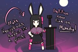 Rule 34 | 1girl, animal ears, aura, barefoot, black dress, black hair, bow, capelet, closed mouth, commentary, dress, dress bow, english commentary, english text, full body, full moon, greatsword, hair bow, heavyblade rabbit, highres, holding, holding sword, holding weapon, leg wrap, long hair, looking at viewer, mino dev, moon, pink bow, pink eyes, planted, planted sword, planted weapon, promotional art, purple capelet, purple sky, rabbit and steel, rabbit ears, rabbit girl, ribbon-trimmed capelet, ribbon-trimmed dress, short bangs, sky, smile, solo, split mouth, standing, star (sky), starry sky, sword, v-shaped eyebrows, weapon