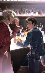 Rule 34 | 2boys, absurdres, ace attorney, alcohol, bar (place), bottle, business suit, cup, drinking glass, formal, highres, jtsp0, liquor, looking at another, male focus, miles edgeworth, multiple boys, phoenix wright, restaurant, shot glass, sitting, suit, wine bottle, wine glass