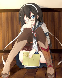 Rule 34 | 10s, 1girl, bad id, bad pixiv id, between legs, black hair, blue eyes, boots, brown thighhighs, check commentary, clipboard, commentary request, covering privates, covering crotch, fuuen (akagaminanoka), glasses, hairband, hand between legs, highres, kantai collection, knees together feet apart, long hair, one eye closed, ooyodo (kancolle), ribbon, school uniform, serafuku, shirt, sitting, skirt, smile, solo, thigh boots, thighhighs, tongue, tongue out, upskirt