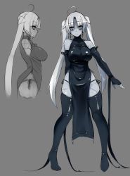 Rule 34 | 1girl, ahoge, arm at side, arm behind back, bare shoulders, black dress, black gloves, black panties, black thighhighs, blue theme, breasts, china dress, chinese clothes, closed mouth, colored skin, concept art, dress, elbow gloves, gloves, grey background, grey eyes, grey hair, grey skin, highres, jitome, large breasts, long hair, looking at viewer, monochrome, original, panties, parted bangs, pelvic curtain, pigeon-toed, scar, side-tie panties, simple background, skin tight, solo, standing, sub-res, thighhighs, twintails, underwear, very long hair, zombie