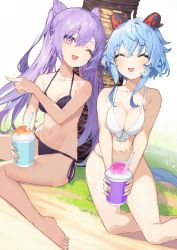 Rule 34 | 2girls, ;d, ahoge, alternate costume, bare arms, bare legs, bare shoulders, barefoot, bikini, blue hair, breasts, breasts squeezed together, cleavage, closed eyes, cone hair bun, crossed bangs, day, double bun, drink, drinking straw, front-tie top, ganyu (genshin impact), genshin impact, goat horns, hair between eyes, hair bun, halterneck, holding, holding drink, horns, keqing (genshin impact), kikkaiki, long hair, looking at another, medium breasts, multiple girls, navel, one eye closed, open mouth, outdoors, pointing, pointing to the side, purple eyes, purple hair, side-tie bikini bottom, sidelocks, sitting, skindentation, smile, stomach, string bikini, swimsuit, tree, twintails, white bikini, yokozuwari
