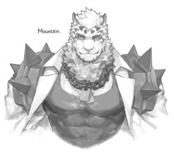 Rule 34 | 1boy, animal ears, arknights, bara, black tank top, covered abs, cropped torso, dog tags, facial hair, furry, furry male, goatee, goshiki, greyscale, highres, large pectorals, looking at viewer, male focus, monochrome, mountain (arknights), muscular, muscular male, pectorals, scar, scar across eye, short hair, smile, solo, spikes, tank top, thick eyebrows, tiger boy, tiger ears