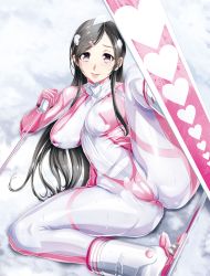 Rule 34 | 1girl, black eyes, black hair, bodysuit, bow, comic hotmilk, covered erect nipples, from above, hair bow, heart, heart print, holding, long hair, looking at viewer, lying, official art, on back, on ground, shiny clothes, ski boots, ski pole, snow, solo, spread legs, swept bangs