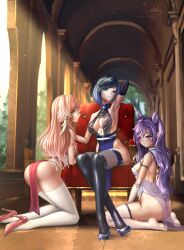 Rule 34 | 3girls, absurdres, arm behind head, armpits, ass, blush, breasts, commentary, cone hair bun, english commentary, full body, genshin impact, hair bun, high heels, highres, keqing (genshin impact), large breasts, legs, long hair, looking at viewer, medium breasts, multiple girls, sainty, sitting, thighhighs, thighs, toes, twintails, yanfei (genshin impact), yelan (genshin impact)