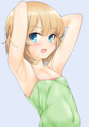 Rule 34 | 10s, 1girl, armpits, bad id, bad pixiv id, blonde hair, blue background, blue eyes, camisole, casual, commentary request, covered erect nipples, fang, flat chest, girls und panzer, green shirt, highres, itou ayachi, katyusha (girls und panzer), looking at viewer, open mouth, shirt, short hair, smile, solo, spaghetti strap, standing, sweat