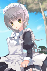 Rule 34 | 1girl, apron, carriage, cloud, day, dress, frilled dress, frills, grey hair, long hair, lowres, maid headdress, mintchoco (orange shabette), open mouth, outdoors, silhouette, solo, sword girls, tree, yellow eyes