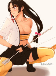 Rule 34 | 10s, 1girl, arrow (projectile), black hair, blush, bow (weapon), breasts, brown eyes, brown hair, cleavage, highres, japanese clothes, kantai collection, kate (alice catharsis), large breasts, long hair, miniskirt, off shoulder, personification, pleated skirt, short sleeves, shouhou (kancolle), single bare shoulder, skirt, solo, squatting, thighhighs, weapon