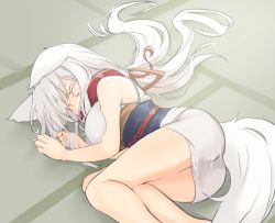 Rule 34 | 1girl, animal ears, ass, bare arms, bare shoulders, breasts, commentary request, fox ears, fox tail, japanese clothes, kimono, large breasts, long hair, lying, obi, on side, original, sakura inu, sash, short kimono, sleeping, sleeveless, sleeveless kimono, solo, tail, white hair