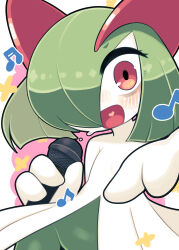 Rule 34 | bags under eyes, colored skin, creatures (company), game freak, gen 3 pokemon, green hair, hair over one eye, heart, highres, holding, holding microphone, ino (tellu0120), kirlia, looking at viewer, microphone, multicolored skin, music, musical note, nintendo, open mouth, pink eyes, pokemon, pokemon (creature), sidelocks, singing, smile, two-tone skin, white skin