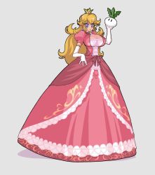 Rule 34 | 1girl, big hair, blonde hair, blue eyes, breasts, brooch, cleavage, crown, dress, earrings, elbow gloves, eyelashes, full body, gloves, great magami, grey background, hand up, highres, holding, jewelry, large breasts, lips, long dress, long hair, looking at viewer, mario (series), nintendo, parted lips, pink dress, princess, princess peach, puffy short sleeves, puffy sleeves, shadow, short sleeves, simple background, solo, standing, super mario bros. 1, turnip, white gloves