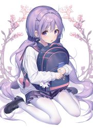 Rule 34 | 1girl, :o, ahoge, azur lane, backpack, bag, black footwear, black sailor collar, blush, cellphone, charm (object), hair intakes, hair ornament, hair scrunchie, highres, holding, holding bag, holding phone, kinty, loafers, long hair, long sleeves, looking at viewer, low twintails, miniskirt, open mouth, pantyhose, phone, plant, pleated skirt, purple eyes, purple hair, purple skirt, sailor collar, school uniform, scrunchie, shirt, shoes, sidelocks, sitting, skirt, smartphone, solo, twintails, unicorn (long-awaited date) (azur lane), unicorn (azur lane), very long hair, wariza, white background, white pantyhose, white shirt, winged unicorn, x hair ornament