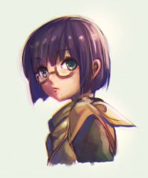 Rule 34 | 1girl, blue eyes, chrono trigger, closed mouth, glasses, looking at viewer, lucca ashtear, narita imomushi, purple hair, scarf, short hair, simple background, solo
