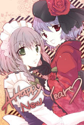 Rule 34 | 2girls, bat wings, braid, female focus, flower, grabbing another&#039;s chin, green eyes, hand on another&#039;s chin, ibuki hasu, izayoi sakuya, maid, maid headdress, multiple girls, new year, red eyes, red flower, red rose, remilia scarlet, rose, short hair, silver hair, touhou, twin braids, wings