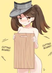 Rule 34 | 10s, 1girl, blush, brown eyes, brown hair, covering privates, cowboy shot, crying, cutting board, hard-translated, hat, kantai collection, long hair, mirakururu, nude, nude cover, personification, ryuujou (kancolle), smile, solo, third-party edit, translated, twintails, yellow background