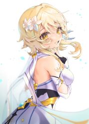 Rule 34 | 1girl, blonde hair, blush, breasts, commentary, dress, finger to own chin, flower, from side, genshin impact, hair between eyes, hair flower, hair ornament, highres, lips, long hair, looking at viewer, looking to the side, lumine (genshin impact), mokokiyo (asaddr), parted lips, scarf, simple background, small breasts, smile, solo, upper body, white background, white dress, white flower, white scarf, yellow eyes