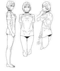 Rule 34 | 3girls, arm up, barefoot, choker, cosmic bear, facing away, from behind, from side, full body, greyscale, hair behind ear, lineart, looking at viewer, looking to the side, monochrome, multiple girls, multiple views, no pants, original, panties, shirt, short hair, short sleeves, t-shirt, underwear