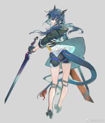 Rule 34 | 1girl, arknights, black gloves, black jacket, black shorts, blue hair, ch&#039;en (arknights), clothing cutout, dragon girl, dragon horns, dragon tail, fingerless gloves, floating hair, from behind, full body, fur-tipped tail, gloves, grey background, hair between eyes, holding, holding sword, holding weapon, horns, jacket, long hair, looking at viewer, looking back, parted lips, qiqu, red eyes, sheath, sheathed, shorts, sleeves past elbows, solo, standing, sword, tail, tail through clothes, weapon, weibo logo, weibo watermark