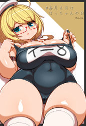 Rule 34 | 1girl, adjusting clothes, adjusting swimsuit, ahoge, blonde hair, blue eyes, breasts, brown background, cameltoe, cleavage, cleft of venus, cowboy shot, curvy, glasses, haku hakujou daimaou, hat, highres, i-8 (kancolle), kantai collection, large breasts, long hair, looking at viewer, navel, one-piece swimsuit, parted lips, school swimsuit, skin tight, solo, swimsuit, thick thighs, thighhighs, thighs, two-tone background, white background, white thighhighs, wide hips