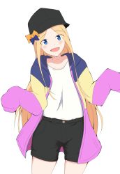 Rule 34 | 1girl, :d, abigail williams (fate), absurdres, alternate costume, black hat, black shorts, blonde hair, blue bow, blue eyes, blush, bow, commentary request, fate/grand order, fate (series), flat cap, hat, highres, hood, hood down, hooded jacket, jacket, leaning to the side, long hair, long sleeves, mitchi, open clothes, open jacket, open mouth, orange bow, paripi koumei, parted bangs, pink jacket, shirt, short shorts, shorts, simple background, sleeves past fingers, sleeves past wrists, smile, solo, standing, tsukimi eiko, very long hair, white background, white shirt