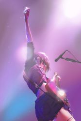 Rule 34 | 1girl, arm up, ass, bang dream!, black hair, cable, commentary request, cowboy shot, denim, denim shorts, electric guitar, closed eyes, from behind, guitar, highres, instrument, jacket, microphone, microphone stand, midriff, mitake ran, multicolored hair, music, playing instrument, plectrum, red hair, shiruko sand, short hair, short sleeves, shorts, solo, streaked hair