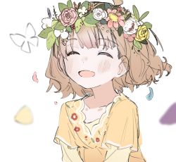 Rule 34 | absurdres, blouse, blush, brown hair, bug, butterfly, collarbone, ears visible through hair, closed eyes, flower, flower print, frills, garland (decoration), highres, idolmaster, idolmaster million live!, insect, meeeeeeco359, open mouth, petals, shirt, short hair, sketch, smile, suou momoko, white background, wide sleeves, yellow shirt