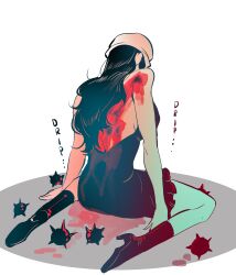 Rule 34 | 1girl, back, blood on back, boots, commentary, dress, english commentary, hat, high heels, highres, injury, kuravix, long hair, nico robin, nico robin (dressrosa), on ground, one piece, partially colored, short dress, simple background, solo, white background