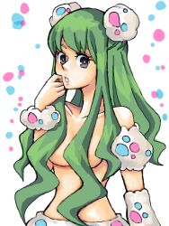 Rule 34 | 10s, 1girl, breasts, covering privates, creatures (company), dasutodasu, female focus, game freak, green hair, grey eyes, nintendo, open mouth, personification, pokemon, pokemon bw, solo, topless, trash, white background