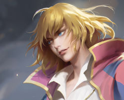 Rule 34 | 1boy, blonde hair, blue eyes, blurry, blurry background, cape, chelsea sun, chromatic aberration, collared shirt, commentary, depth of field, diamond (shape), gold necklace, highres, howl (howl no ugoku shiro), howl no ugoku shiro, jewelry, lips, looking away, looking to the side, male focus, necklace, nose, outdoors, parted lips, pink cape, portrait, print cape, realistic, shirt, sky, smile, solo, teeth, upper teeth only, white shirt, wind