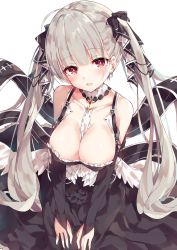 Rule 34 | 1girl, ahoge, azur lane, bare shoulders, between breasts, black bow, black dress, bow, breasts, cleavage, collarbone, commentary request, detached collar, dress, earrings, flight deck, formidable (azur lane), frilled dress, frills, grey hair, hair bow, highres, jewelry, large breasts, long hair, long sleeves, looking at viewer, parted lips, red eyes, sidelocks, simple background, smile, solo, twintails, unacchi (nyusankin), very long hair, white background