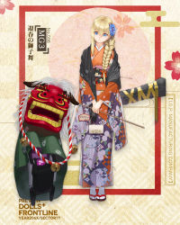 Rule 34 | 1girl, bag, blonde hair, blue eyes, braid, braided ponytail, commentary request, dinergate (girls&#039; frontline), floral print, flower, full body, girls&#039; frontline, hair flower, hair ornament, handbag, highres, japanese clothes, kimono, lion dance, mg3 (girls&#039; frontline), mg3 (new year lion dance) (girls&#039; frontline), multicolored clothes, multicolored kimono, new year, obi, official alternate costume, official art, orange kimono, purple kimono, sandals, sash, scarf, shishimai, single braid, smile, socks, solo, translation request, weapon case