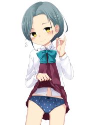 Rule 34 | 1girl, aqua bow, aqua bowtie, blue bow, blue bowtie, blue panties, bow, bowtie, commentary request, dress, dress shirt, flying sweatdrops, forehead, halterneck, highres, kantai collection, looking at viewer, mole, mole on neck, nassukun, panties, pleated dress, polka dot, polka dot panties, purple dress, school uniform, shirt, simple background, solo, swept bangs, tamanami (kancolle), underwear, white background, white shirt, yellow eyes