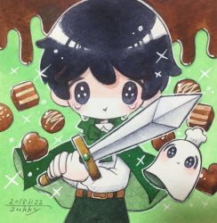 Rule 34 | 1boy, belt, black eyes, black hair, black pants, blush, cape, chocolate, cowboy shot, dated, ghost, green cape, highres, holding, holding sword, holding weapon, long sleeves, original, pants, shirt, short hair, signature, solo, sparkle, sword, weapon, white shirt, zukky000