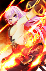 Rule 34 | 1girl, armlet, backless dress, backless outfit, breasts, closed mouth, dress, gauntlets, highres, knife, large breasts, long hair, looking at viewer, motion blur, original, profile, purple eyes, purple hair, rankiryuu, red scarf, scarf, sideboob, solo, standing, sword, throwing knife, weapon