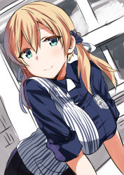 Rule 34 | 1girl, alternate costume, anchor hair ornament, aqua eyes, bad id, bad nicoseiga id, belko, blonde hair, blue shirt, blue skirt, blush, breasts, closed mouth, collared shirt, commentary request, dutch angle, employee uniform, hair between eyes, hair ornament, indoors, kantai collection, large breasts, lawson, leaning forward, long hair, looking at viewer, pleated skirt, prinz eugen (kancolle), shirt, sidelocks, skirt, sleeves rolled up, smile, solo, striped clothes, striped shirt, twintails, uniform, upper body