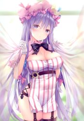 Rule 34 | 1girl, absurdres, blurry, blurry background, blush, bow, breasts, capelet, cleavage, covered navel, crescent, crescent pin, curtains, dress, garter straps, gloves, hat, highres, holding, kinokomushi, large breasts, long hair, looking at viewer, neck ribbon, patchouli knowledge, pink bow, pink hat, purple eyes, purple hair, ribbon, scan, see-through, short dress, simple background, sleeveless, sleeveless dress, solo, striped clothes, striped dress, thighhighs, thighs, touhou, vertical stripes, very long hair, white gloves
