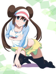 Rule 34 | 1girl, absurdres, black pantyhose, blue eyes, blue sleeves, brown hair, clothes pull, covering one breast, covering privates, creatures (company), double bun, floating hair, game freak, groin, hair between eyes, hair bun, highres, hugimosi, kneeling, long hair, looking at viewer, midriff, miniskirt, navel, nintendo, pantyhose, pantyhose pull, poke ball print, pokemon, pokemon bw2, print shirt, raglan sleeves, rosa (pokemon), shirt, skirt, solo, stomach, very long hair, visor cap, white background, white shirt, yellow skirt