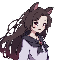 Rule 34 | 1girl, absurdres, animal ears, blush stickers, breasts, brooch, brown hair, collarbone, dress, eyebrows, fang, highres, imaizumi kagerou, jewelry, kame (kamepan44231), long hair, long sleeves, looking at viewer, one-hour drawing challenge, red eyes, simple background, small breasts, smile, solo, touhou, white background, white dress, wolf ears