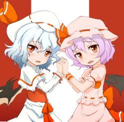 Rule 34 | 2girls, alternate costume, bad id, bad pixiv id, bat wings, blue hair, blush, capelet, curiosities of lotus asia, dual persona, fang, female focus, hat, hat ribbon, looking at viewer, madhand, multiple girls, purple hair, red eyes, remilia scarlet, ribbon, skirt, touhou, wings, wrist cuffs
