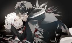 Rule 34 | 2boys, arknights, armband, bishounen, black hair, blood, blood on face, coat, crying, faust (arknights), green eyes, hand on another&#039;s face, highres, kimven (wenzisama), male focus, mephisto (arknights), multiple boys, pointy ears, simple background, tears, white hair