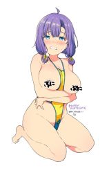 Rule 34 | 1girl, ahoge, bare shoulders, between breasts, blue eyes, breasts, censored, censored by text, censored nipples, character request, collarbone, commentary, english text, feet, hair between eyes, happy birthday, large breasts, mameojitan, medium hair, nervous, novelty censor, one-piece swimsuit, purple hair, simple background, sitting, solo, sweat, swimsuit, teeth, thighs, thong swimsuit, translation request, twintails, wariza, white background, yellow one-piece swimsuit