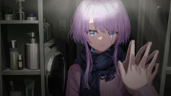 Rule 34 | 1girl, bad id, bad twitter id, blue eyes, blue scarf, bottle, closed mouth, gishiki (gshk), highres, indoors, long sleeves, original, pink sweater, plant, potted plant, purple hair, reflection, scarf, shelf, short hair with long locks, solo, spray bottle, sweater, tears, toothbrush, upper body, utaite, virtual youtuber, washing machine