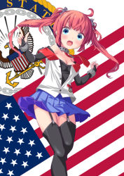 Rule 34 | 1girl, :d, american flag, azur lane, bird, black footwear, black gloves, black shirt, black thighhighs, blue eyes, blue skirt, blush, commentary request, eagle, fingerless gloves, garter straps, gloves, hair ornament, index finger raised, konpotsu, loafers, long hair, looking at viewer, open clothes, open mouth, open vest, pink hair, pleated skirt, san diego (azur lane), shirt, shoes, skirt, smile, solo, standing, standing on one leg, thighhighs, twintails, very long hair, vest, white vest