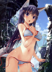 Rule 34 | 1girl, absurdres, animal ears, bare shoulders, beach, between breasts, bikini, breasts, cliff, collarbone, cowboy shot, day, dengeki moeou, fox ears, fox tail, hair ornament, hairclip, halterneck, hand on own chest, highres, kakuno, large breasts, light particles, md5 mismatch, navel, open mouth, outdoors, palm tree, plant, purple eyes, purple hair, scan, side-tie bikini bottom, solo, strap gap, string bikini, striped bikini, striped clothes, swimsuit, tail, tan, tanline, third-party edit, tree, underboob, untied, wardrobe malfunction, water, wet