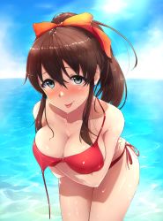 Rule 34 | 1girl, :p, aqua eyes, bare arms, bare shoulders, bikini, blondy (ldlong), blue sky, blush, bow, breast hold, breasts, brown hair, cleavage, closed mouth, collarbone, commentary request, cowboy shot, crossed arms, day, hair bow, highres, horizon, idolmaster, idolmaster million live!, leaning forward, legs together, long hair, looking at viewer, medium breasts, nose blush, ocean, orange bow, outdoors, ponytail, red bikini, satake minako, side-tie bikini bottom, sidelocks, sky, smile, solo, standing, swimsuit, tongue, tongue out, wardrobe malfunction, wet