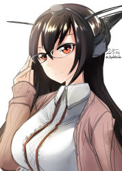 Rule 34 | 10s, 1girl, absurdres, bad id, bad pixiv id, black hair, breasts, glasses, hair between eyes, headgear, highres, kantai collection, long hair, looking at viewer, nagato (kancolle), nekobaka, red eyes, solo, upper body, white background