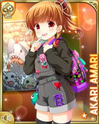 Rule 34 | 1girl, amari akari, arcade, backpack, bag, beads, black overalls, black shirt, brown hair, card (medium), character name, crown, day, girlfriend (kari), hair beads, hair ornament, indoors, looking at viewer, multicolored hair, nail polish, official art, open mouth, overall shorts, overalls, ponytail, qp:flapper, red eyes, shirt, short hair, side ponytail, sidelocks, smile, solo, standing, streaked hair, stuffed animal, stuffed shark, stuffed toy, tagme, thighhighs