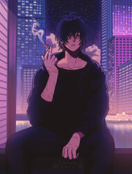 Rule 34 | 1boy, absurdres, artist name, black hair, building, cigarette, city, cloud, eyepatch, hair over one eye, hand up, highres, hood, hoodie, lanahpyon, male focus, night, night sky, scar, scar on face, scar on hand, scar on mouth, sitting, sky, skyscraper, slow damage, smoking, solo, star (sky), starry sky, towa (slow damage), yellow eyes