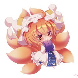 Rule 34 | 1girl, animal hat, blonde hair, blush, chibi, eyebrows, fox tail, hands in opposite sleeves, hat, long sleeves, looking at viewer, mob cap, multiple tails, muuran, mob cap, short hair, signature, simple background, solo, tail, tassel, touhou, white background, wide sleeves, yakumo ran, yellow eyes